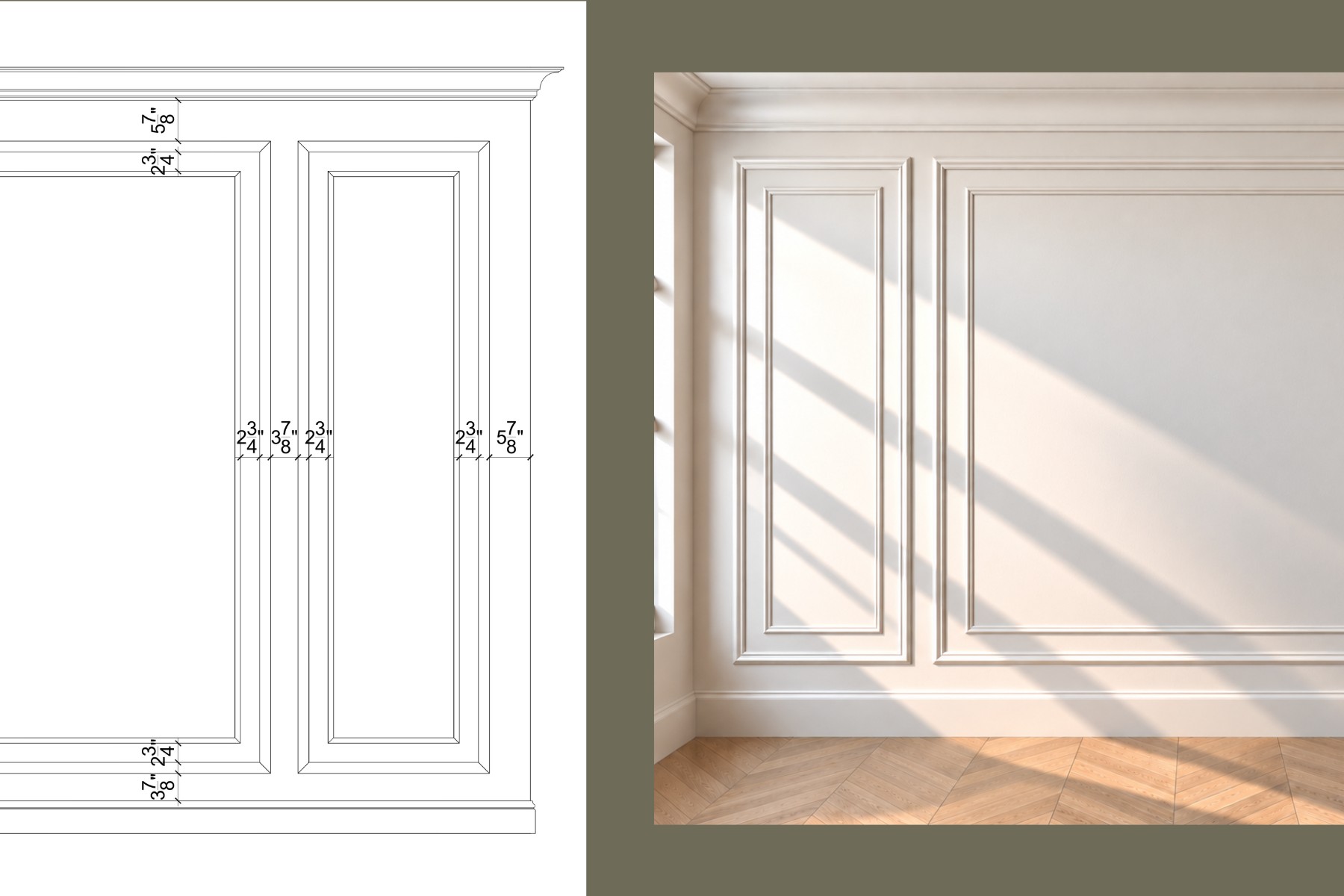 Technical drawing with measurements, next to the finished wall